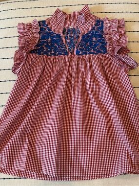 Red Gingham Ruffle Blouse with Blue Embroidered Yoke